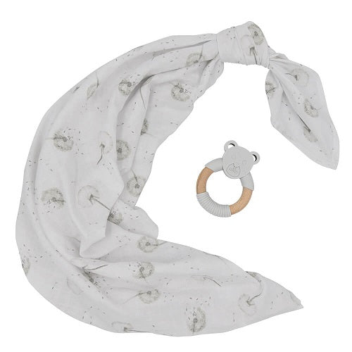 dandelion organic muslin swaddle and silicone bear teether