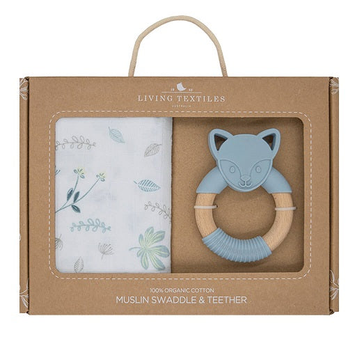 organic muslin swaddle and fox teether in box