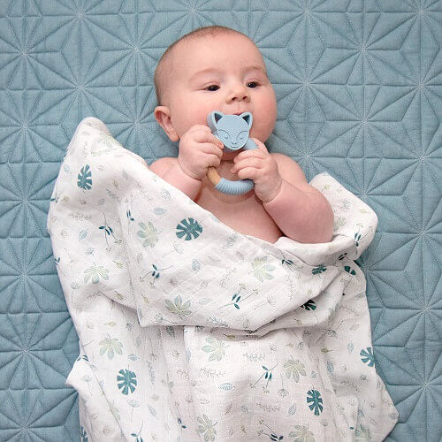 organic banana leaf muslin swaddle and silicone fox teether