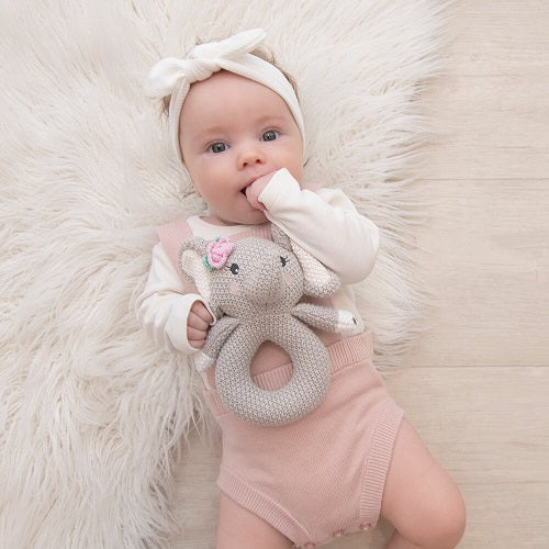 baby with ella elephant knit ring rattle