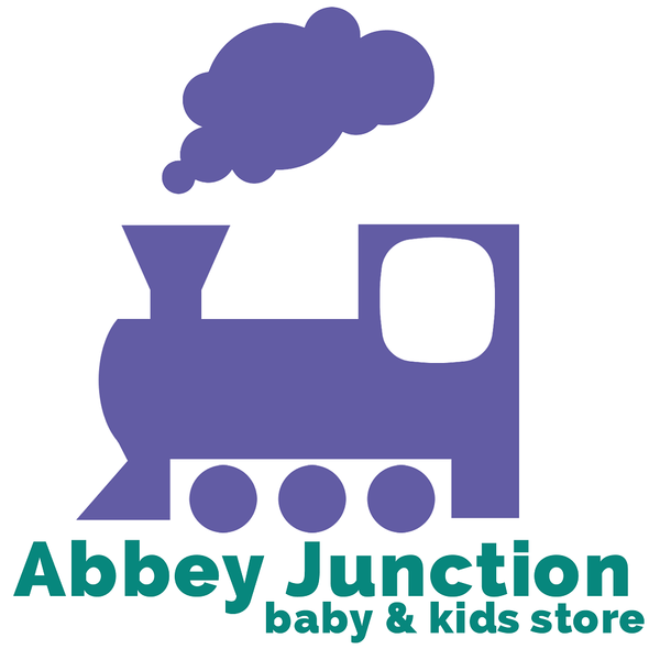 Abbey Junction Logo, purple train and dark teal text'abbey junction baby & kids store'