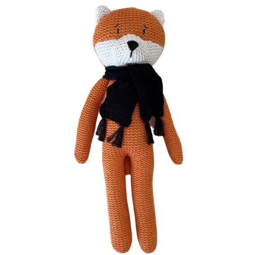 knitted orange fox with black scarf