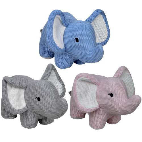 knitted toys with rattle in pink, blue and grey