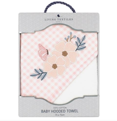 Baby Hooded Towel Pink Check and embroidered and applique design flower and butterfly