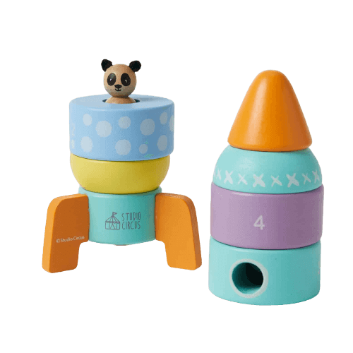 stacking rocket tower with panda toy inside