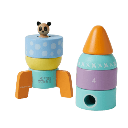 stacking rocket tower with panda toy inside