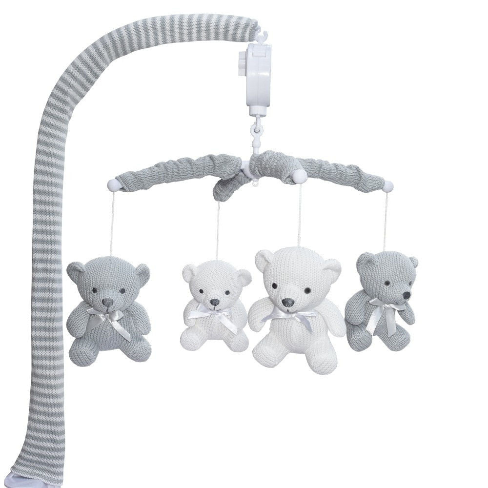 Musical Bear cot mobile. White and grey in colour.