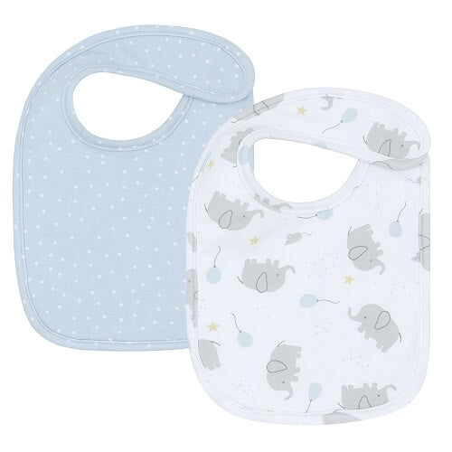 blue bib with white confetti dots and white bib with elephants and balloons
