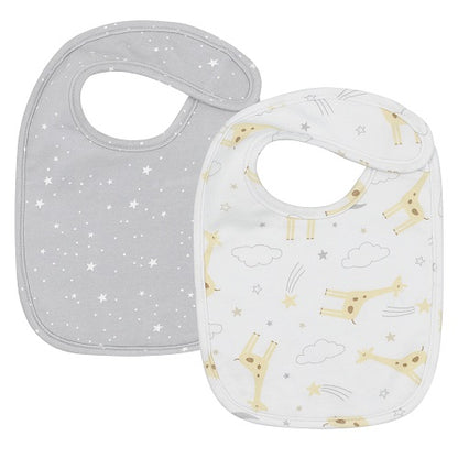 grey bib with white stars and white bib with clouds and giraffes