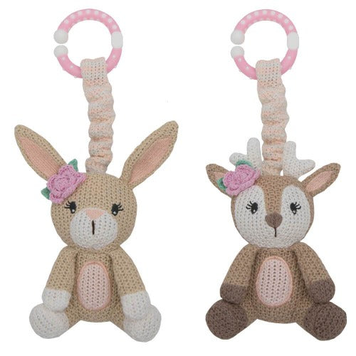 pram toys knitted bunny and fawn