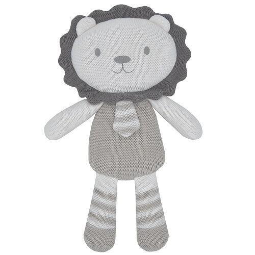 Grey knitted Lion Soft Toy with rattle