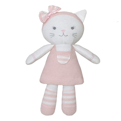 Knitted cat with pink dress and pink and white hair bow