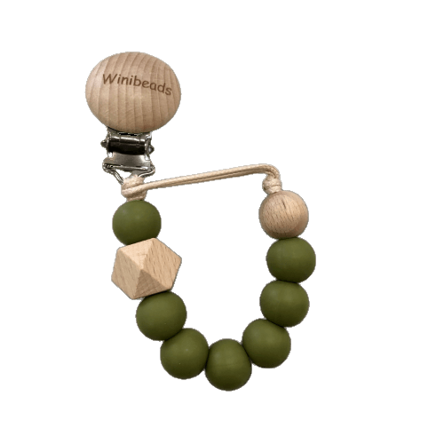 Dummy clip soother holder made from beechwood and silicone army green colour
