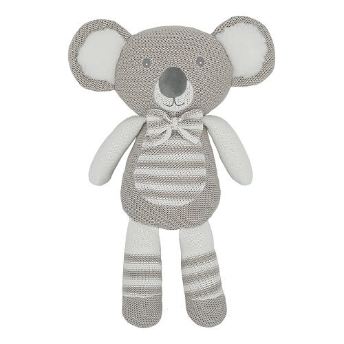 Knitted Koala toy with striped body and bow tie, embroidered facial features