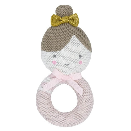 Sophia Ballerina Knitted Ring Rattle, with pink ribbon at the neck and a gold bow in her hair.