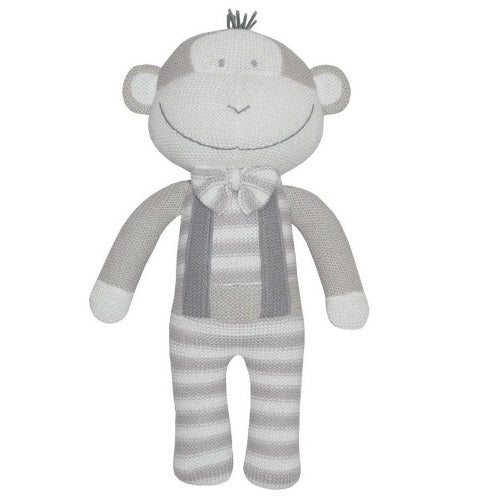 Knitted soft toy monkey grey and white with bow tie