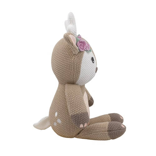 knitted toy fawn sitting sideview