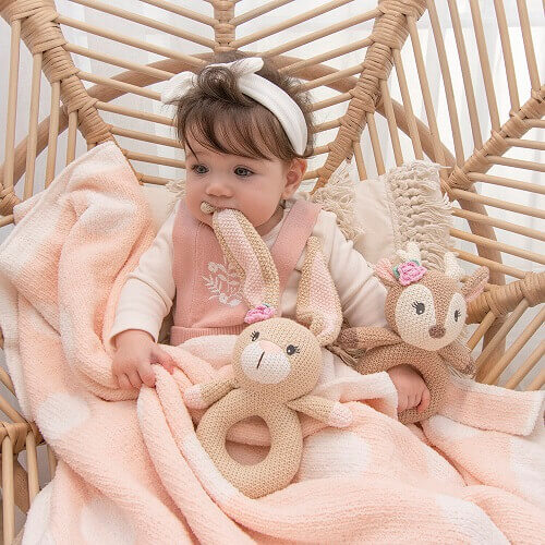 baby with bunny knit ring rattle