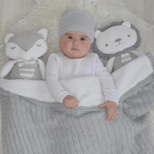 Baby with Knitted Lion & Fox Soft Toy