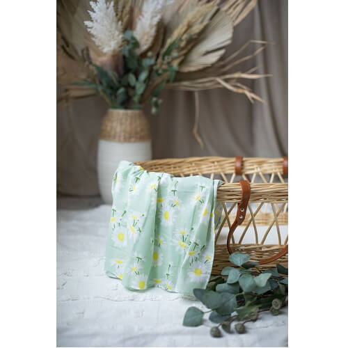 daisies muslin wrap over baby bassinet
