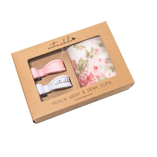 peony rose muslin wrap and pram clips in a box