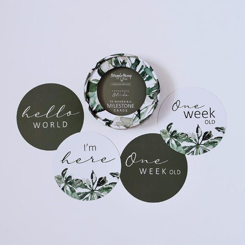 evergreen and olive milestone cards with storage box
