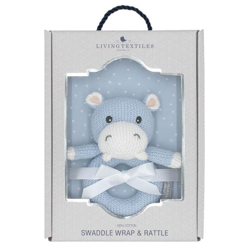 hippo knitted rattle with matching jersey swaddle in gift box