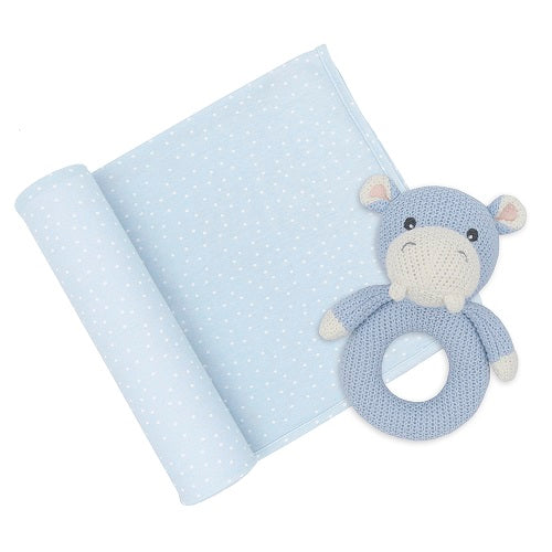 hippo knit rattle with matching jersey swaddle