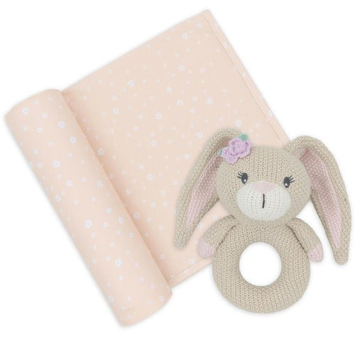 knit bunny rattle with matching jersey swaddle