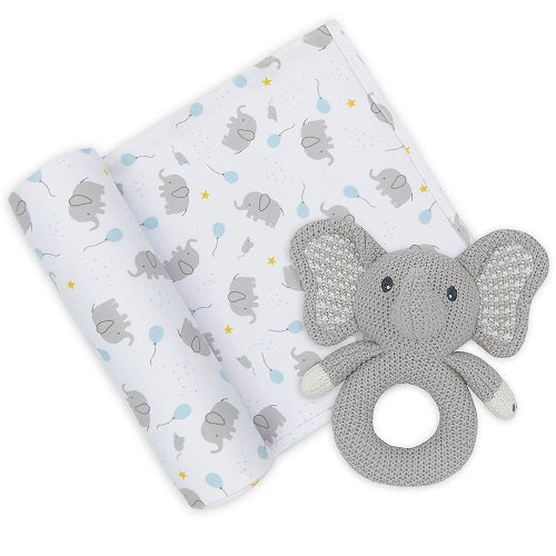 knitted elephant rattle and elephant jersey swaddle