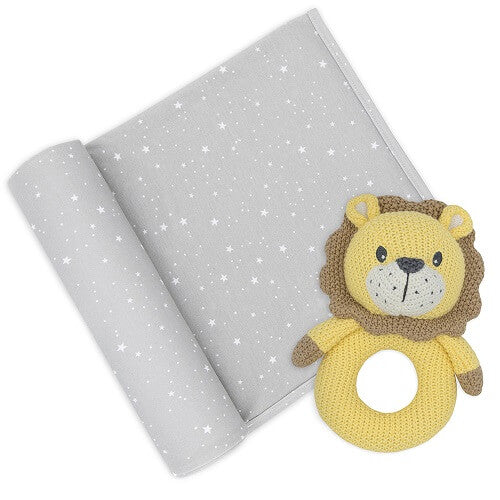 lion knitted rattle with matching jersey swaddle