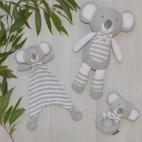 Knitted Koala comforter, Toy and ring rattle