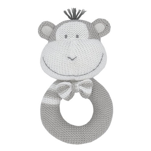 Knitted grey and white monkey rattle with bow tie