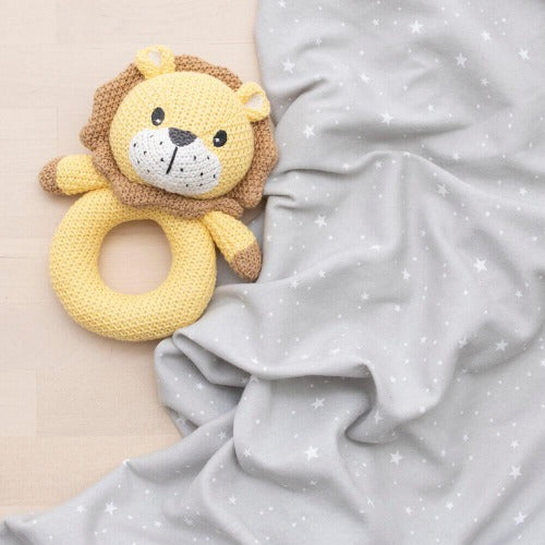 knit lion rattle with jersey swaddle wrap