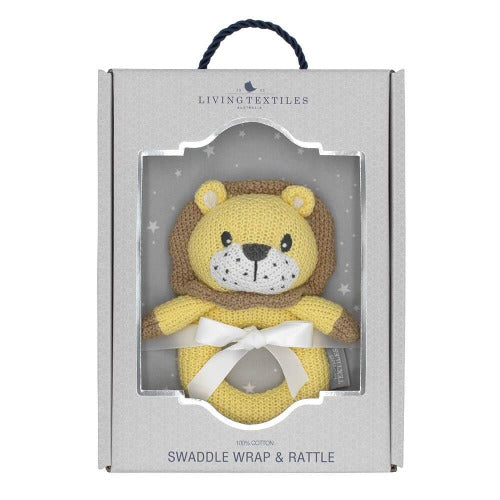 lion knitted rattle with matching jersey swaddle in box