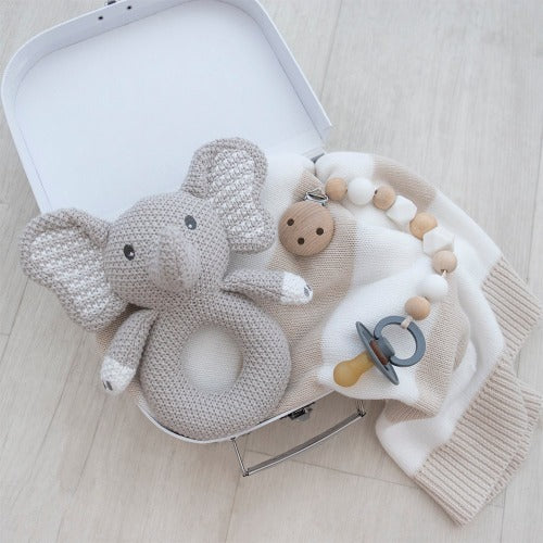 elephant knit rattle with blanket and a dummy chain
