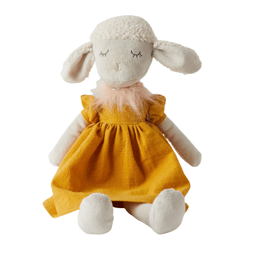 polly sheep soft toy in mustard dress