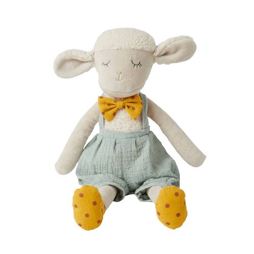 Stanley sheep in dobby overalls and mustard bowtie